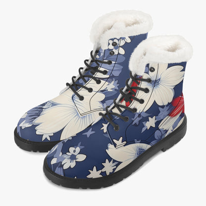 Red White Blue Flower Faux Fur Leder Boots Boots JLR Design