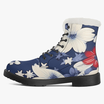 Red White Blue Flower Faux Fur Leder Boots Boots JLR Design