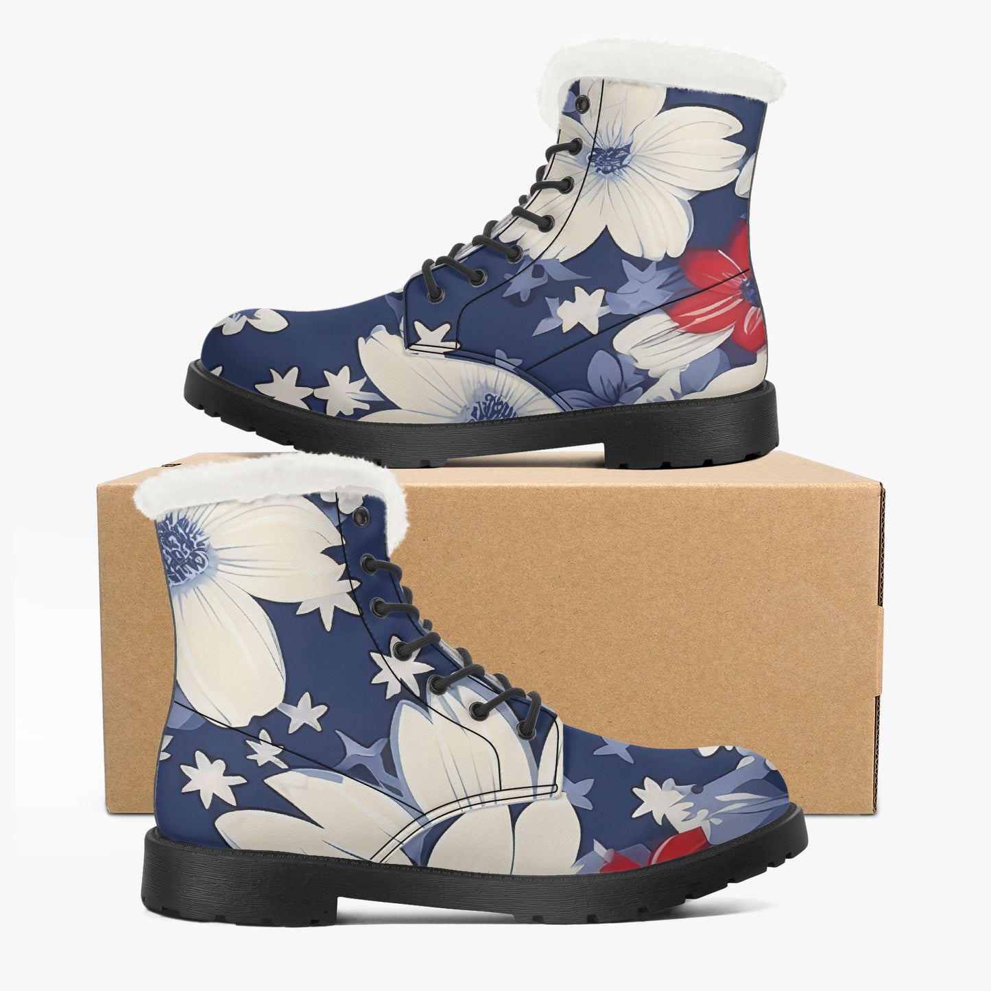 Red White Blue Flower Faux Fur Leder Boots Boots JLR Design