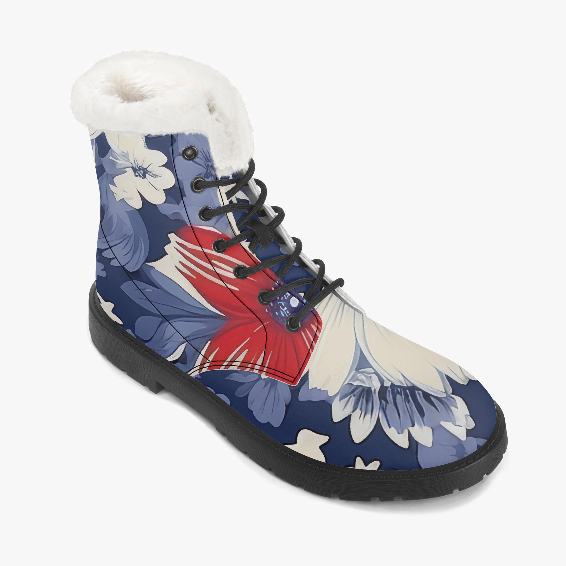 Red White Blue Flower Faux Fur Leder Boots Boots JLR Design
