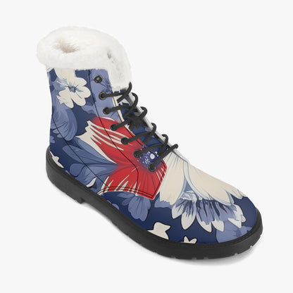 Red White Blue Flower Faux Fur Leder Boots Boots JLR Design