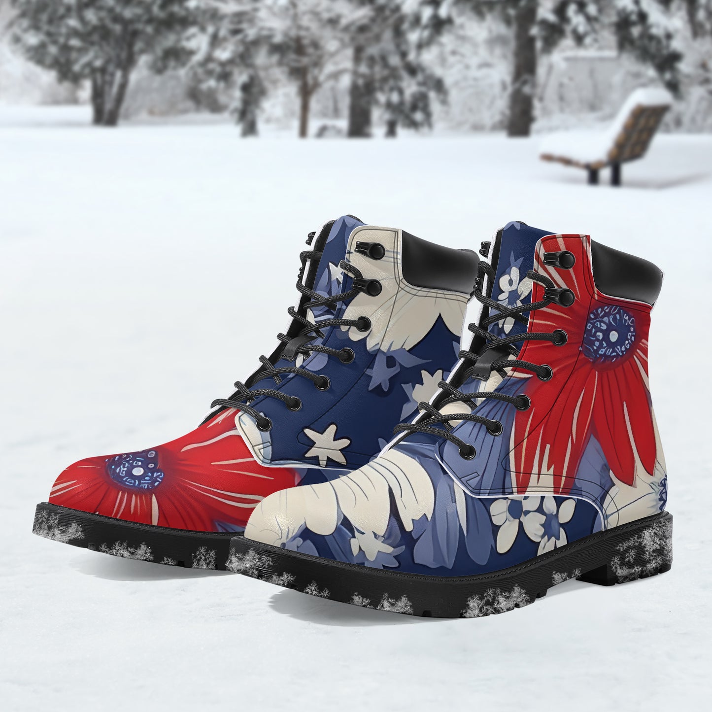 Red White Blue Flower Leder Boots | Stylische und Warme Winterstiefel Boots JLR Design