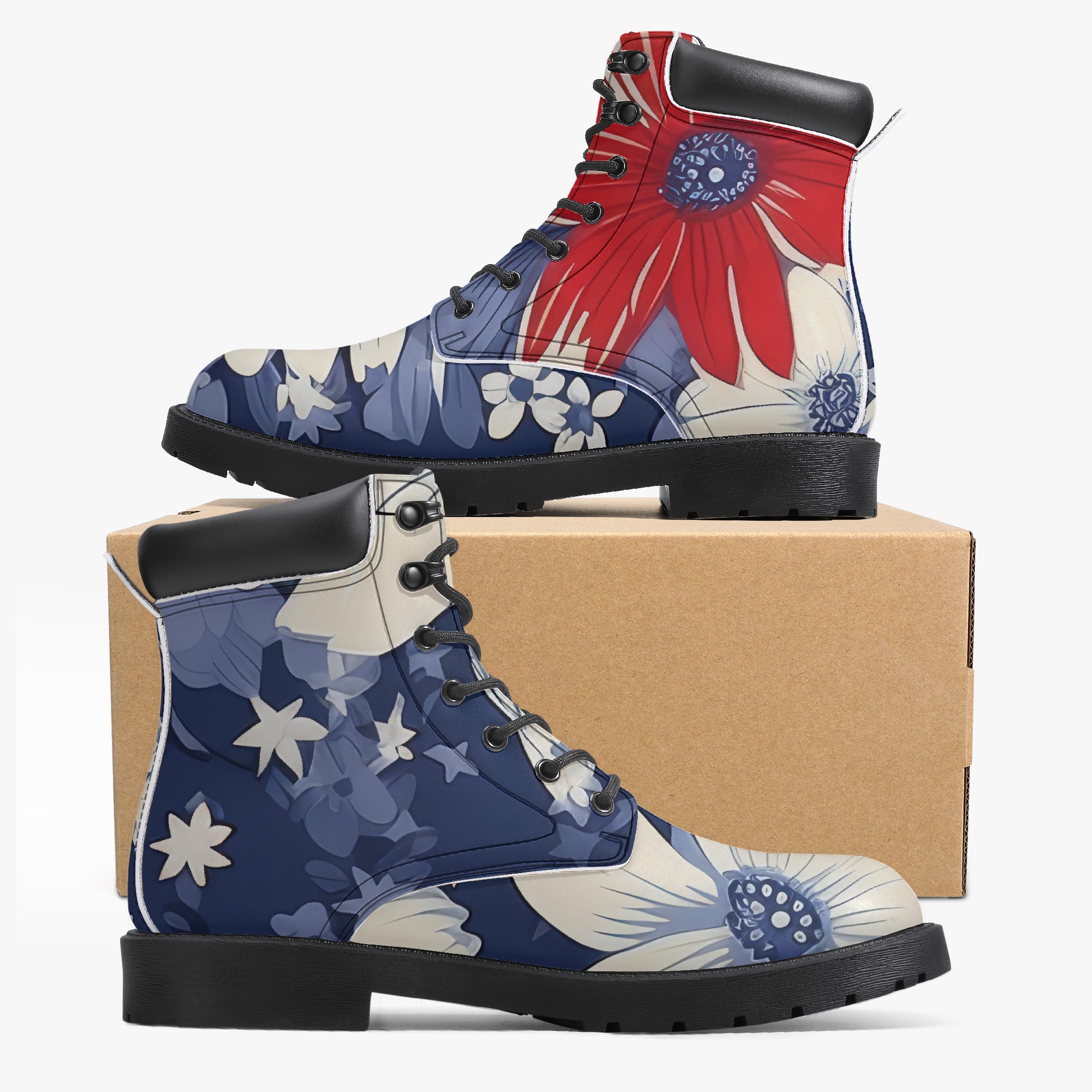 Red White Blue Flower Leder Boots | Stylische und Warme Winterstiefel Boots JLR Design