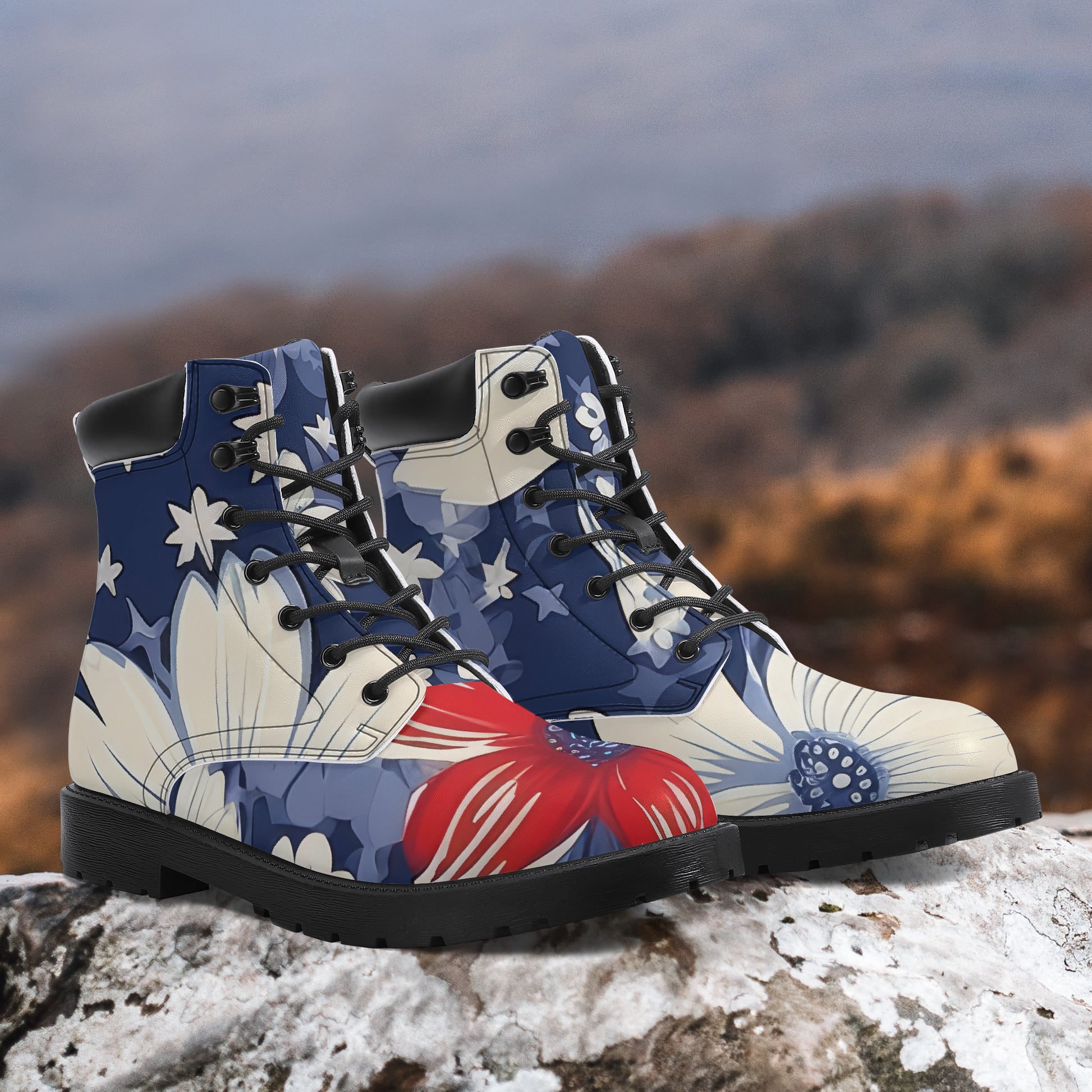 Red White Blue Flower Leder Boots | Stylische und Warme Winterstiefel Boots JLR Design