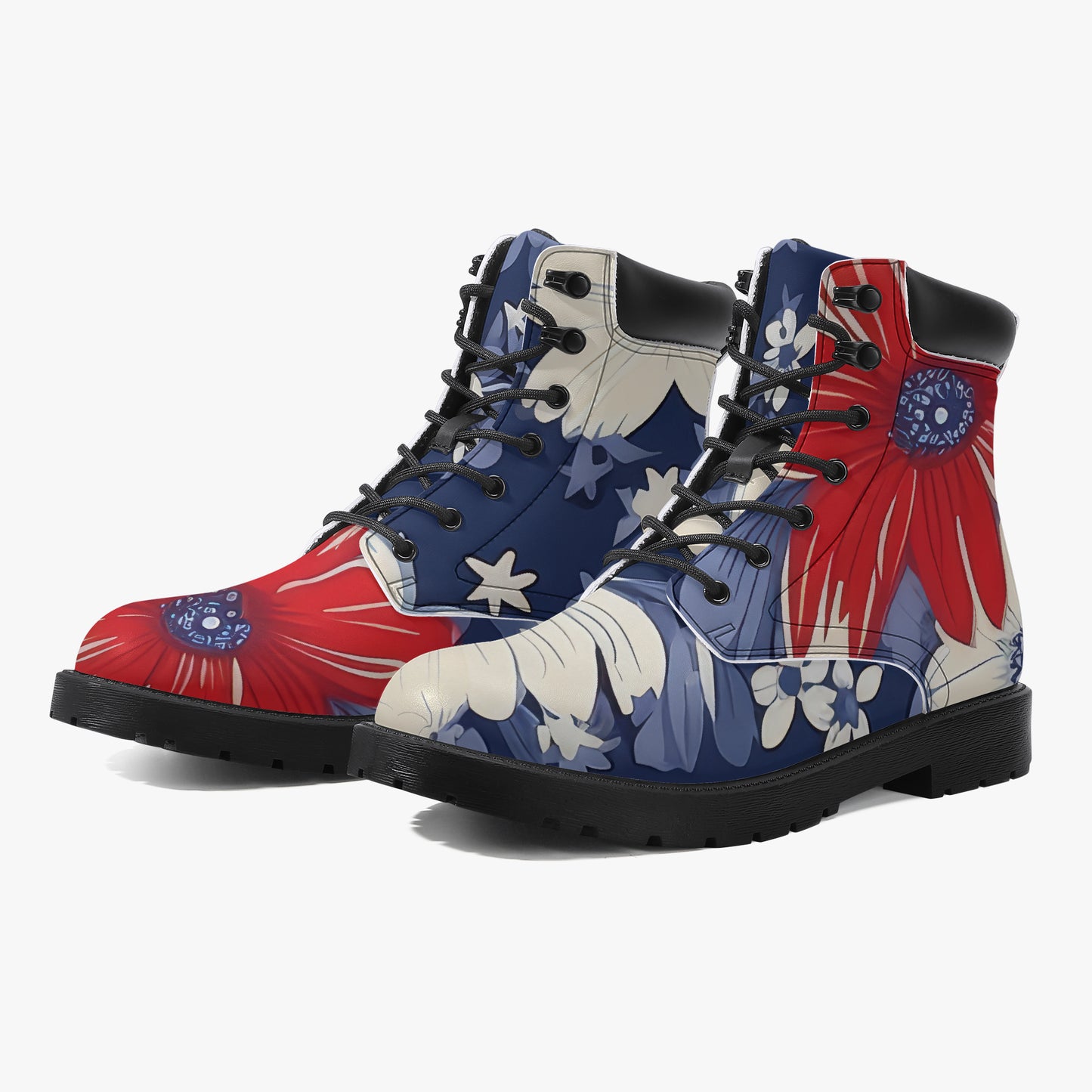Red White Blue Flower Leder Boots | Stylische und Warme Winterstiefel Boots JLR Design