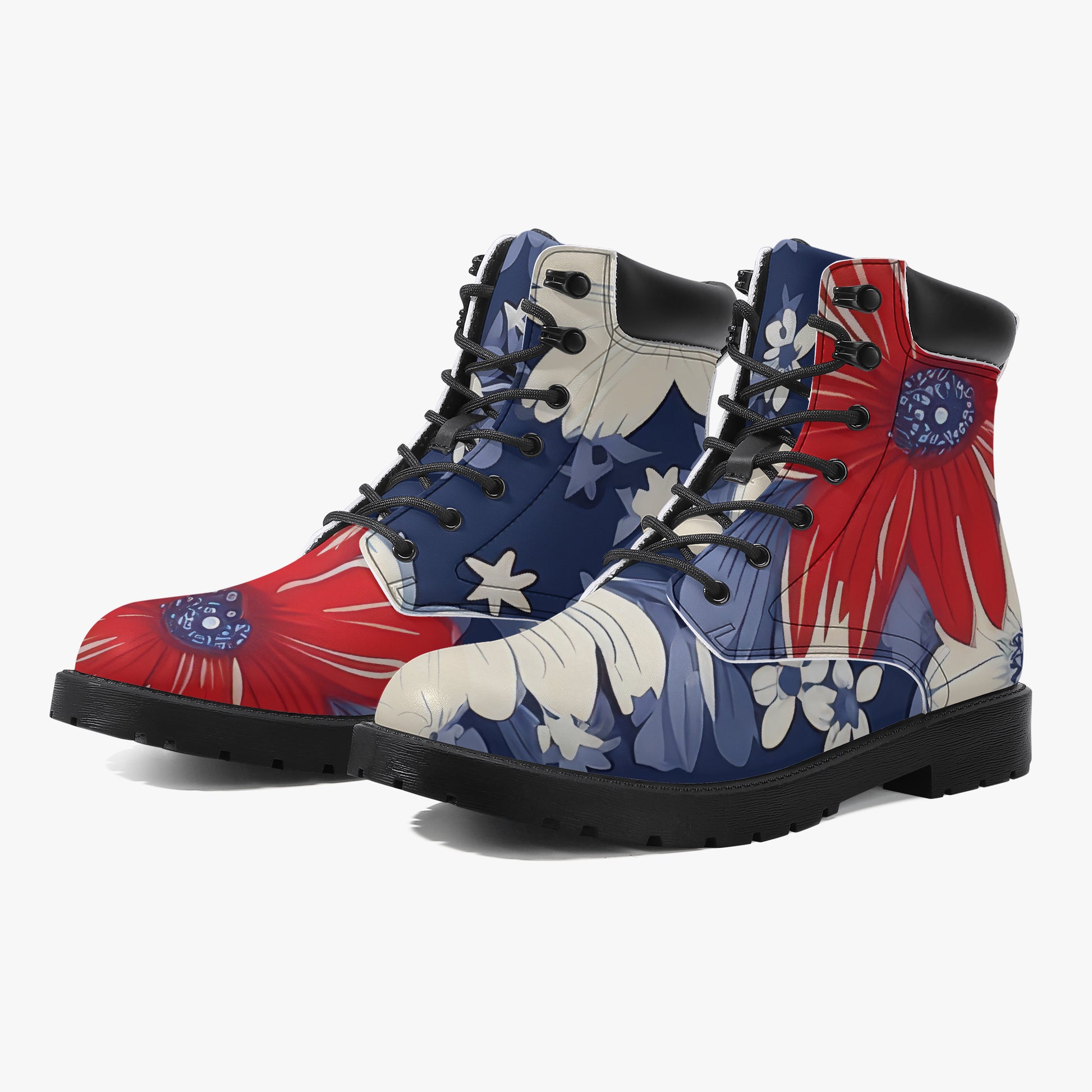 Red White Blue Flower Leder Boots | Stylische und Warme Winterstiefel Boots JLR Design