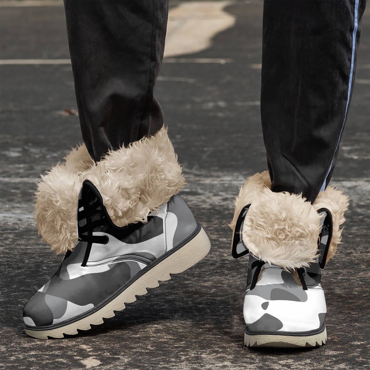 Schwarz Grau Weiß Camouflage Chic Boots mit Plüschfutter Stiefel JLR Design