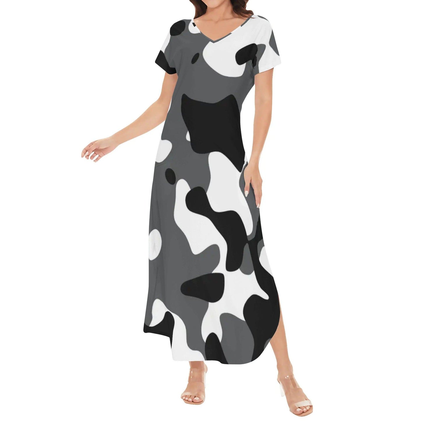 Schwarz Grau Weiß Camouflage kurzärmliges drapiertes Kleid drapiertes Kleid 63.99 Camouflage, drapiert, Grau, kleid, kurzärmlig, Laufschuhe, schwarz, Weiß JLR Design