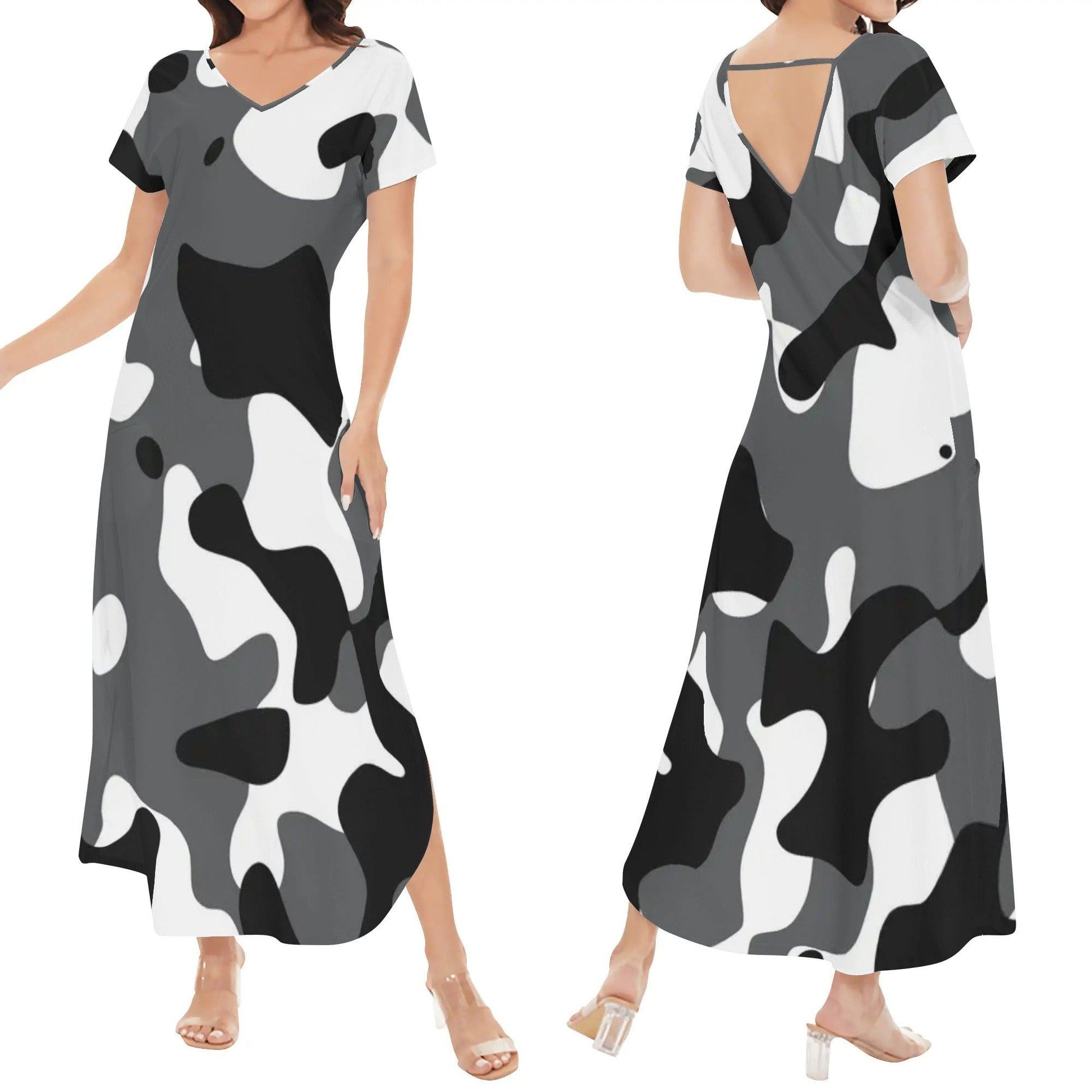 Schwarz Grau Weiß Camouflage kurzärmliges drapiertes Kleid drapiertes Kleid 63.99 Camouflage, drapiert, Grau, kleid, kurzärmlig, Laufschuhe, schwarz, Weiß JLR Design