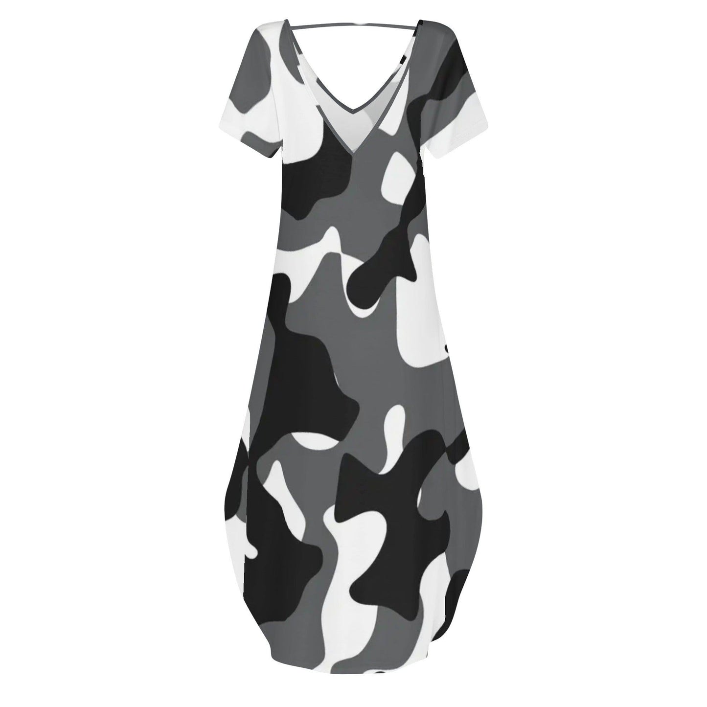 Schwarz Grau Weiß Camouflage kurzärmliges drapiertes Kleid drapiertes Kleid 63.99 Camouflage, drapiert, Grau, kleid, kurzärmlig, Laufschuhe, schwarz, Weiß JLR Design