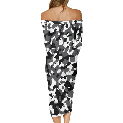 Schwarz Grau Weiß Camouflage Long Sleeve Off-Shoulder-Kleid -- Schwarz Grau Weiß Camouflage Long Sleeve Off-Shoulder-Kleid - undefined Off-Shoulder-Kleid | JLR Design