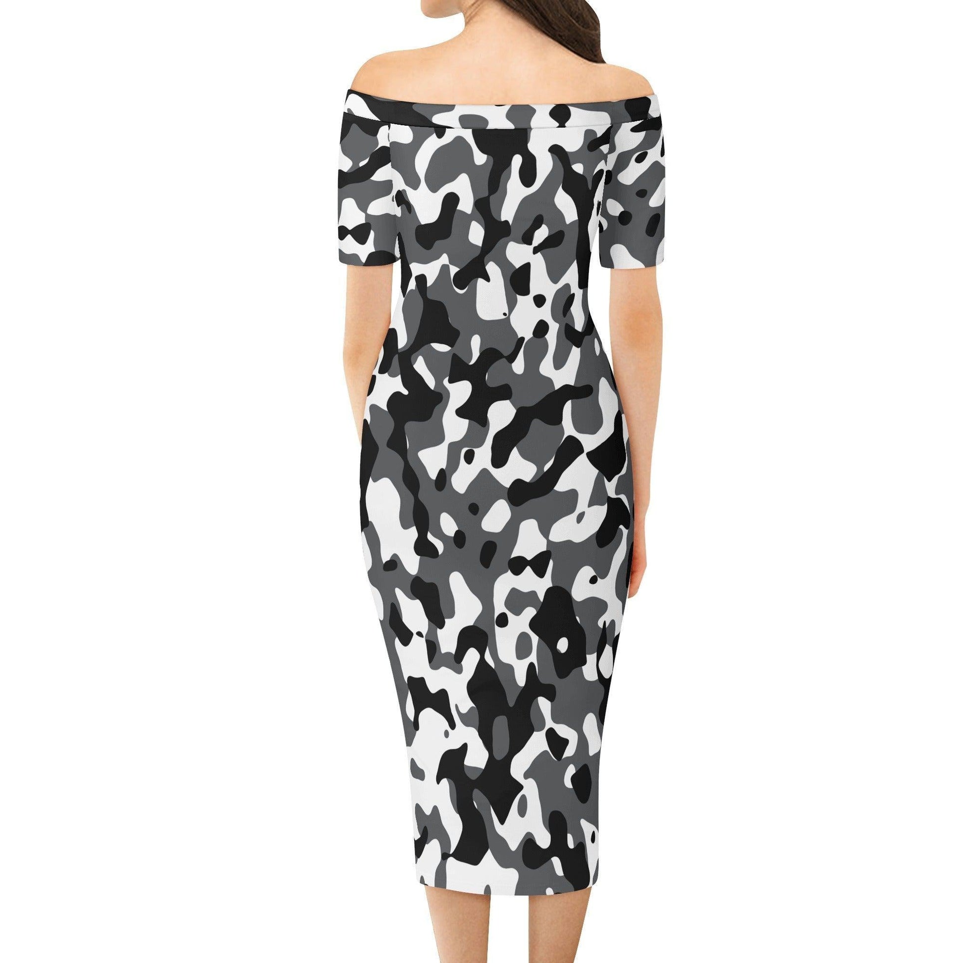 Schwarz Grau Weiß Camouflage Off-Shoulder-Kleid -- Schwarz Grau Weiß Camouflage Off-Shoulder-Kleid - undefined Off-Shoulder-Kleid | JLR Design
