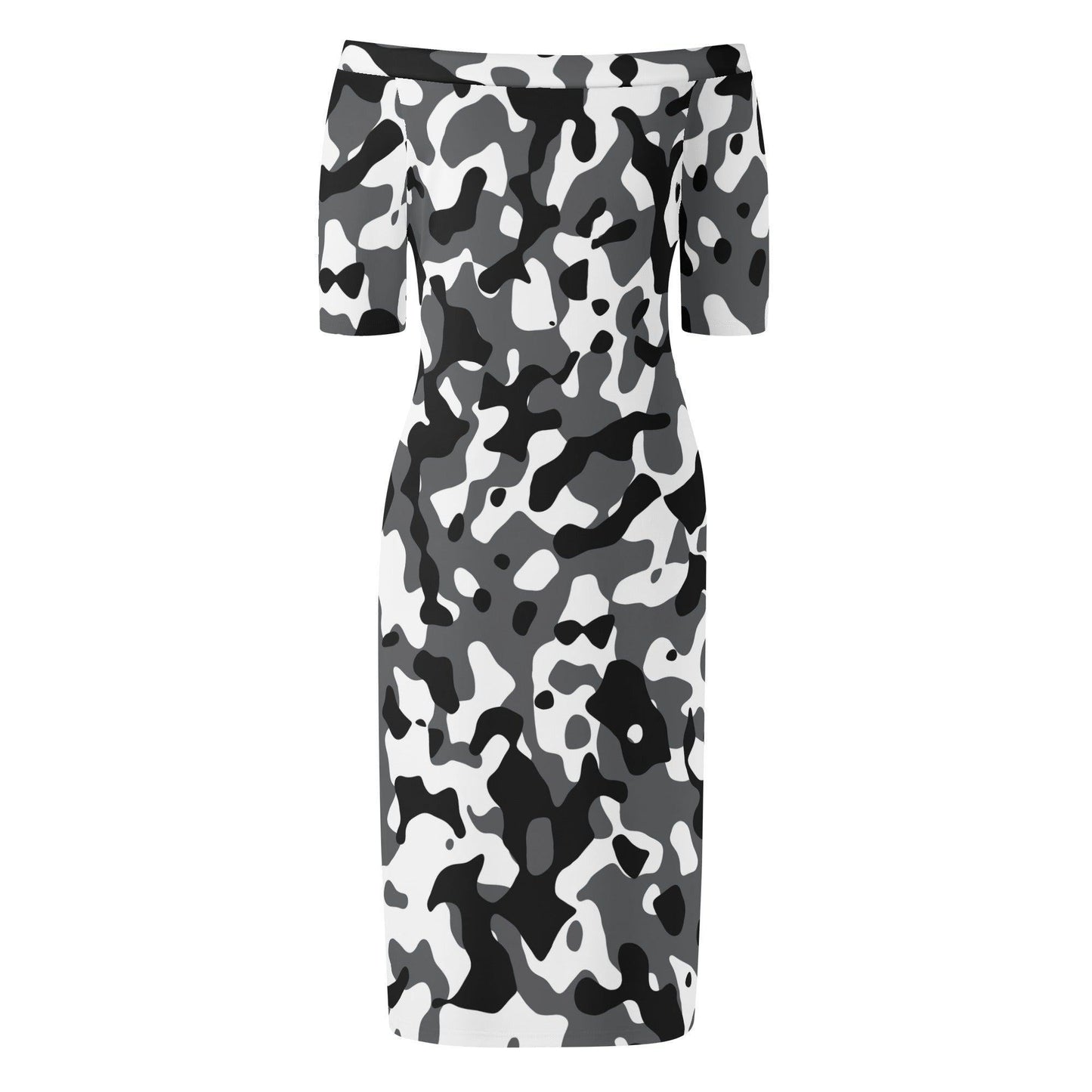 Schwarz Grau Weiß Camouflage Off-Shoulder-Kleid -- Schwarz Grau Weiß Camouflage Off-Shoulder-Kleid - undefined Off-Shoulder-Kleid | JLR Design