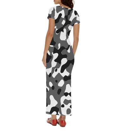 Schwarz Grau Weiß Camouflage Short Sleeve Long Dress Long Dress JLR Design