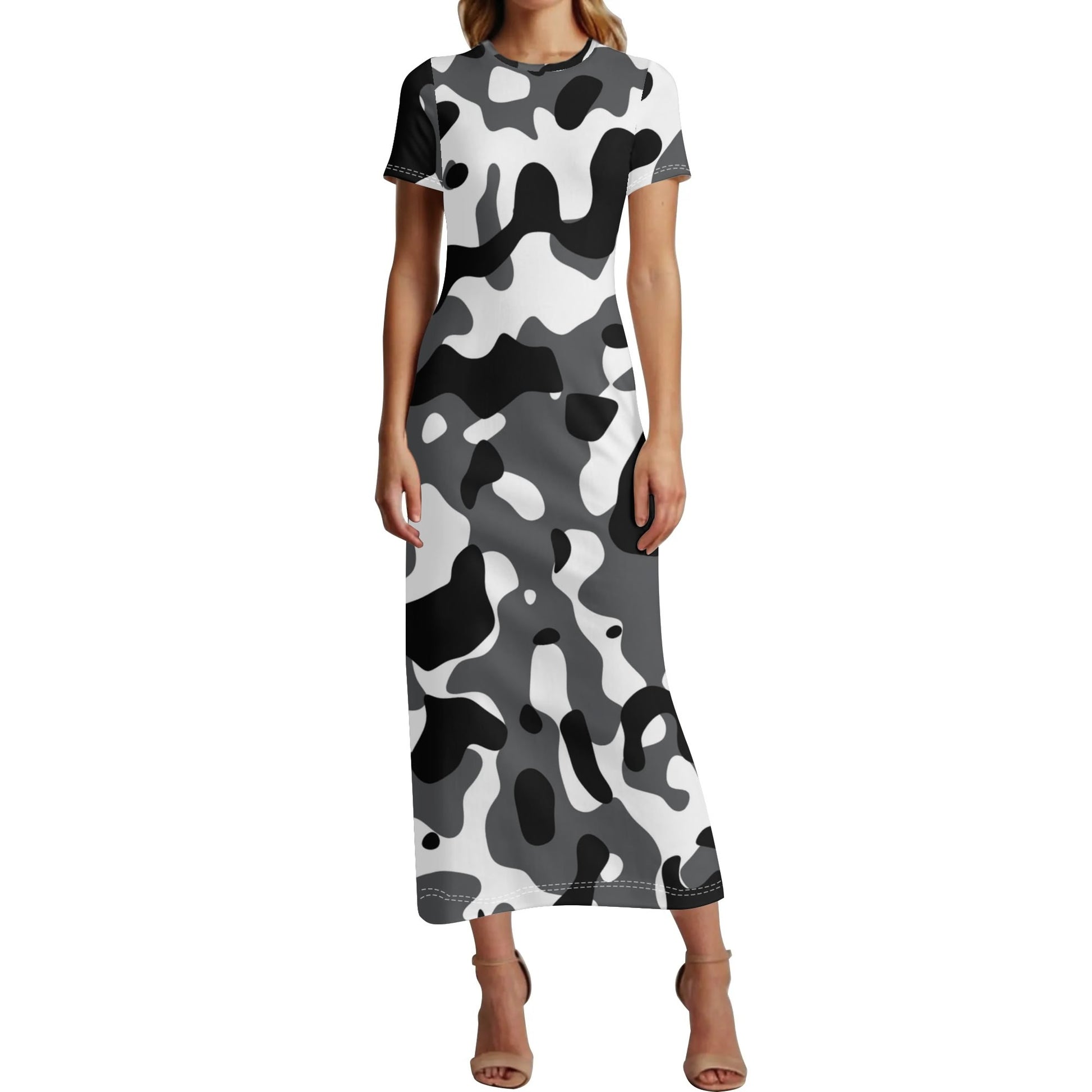 Schwarz Grau Weiß Camouflage Short Sleeve Long Dress Long Dress JLR Design