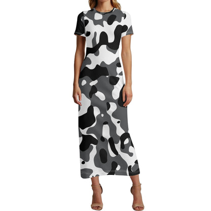 Schwarz Grau Weiß Camouflage Short Sleeve Long Dress Long Dress JLR Design
