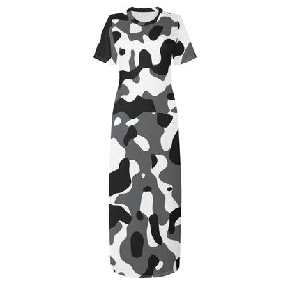 Schwarz Grau Weiß Camouflage Short Sleeve Long Dress Long Dress JLR Design