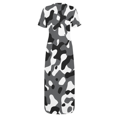 Schwarz Grau Weiß Camouflage Short Sleeve Long Dress Long Dress JLR Design