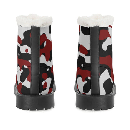 Schwarz Rot Weiß Camouflage Faux Fur Stiefel für Damen -- Schwarz Rot Weiß Camouflage Faux Fur Stiefel für Damen - undefined Lederstiefel | JLR Design