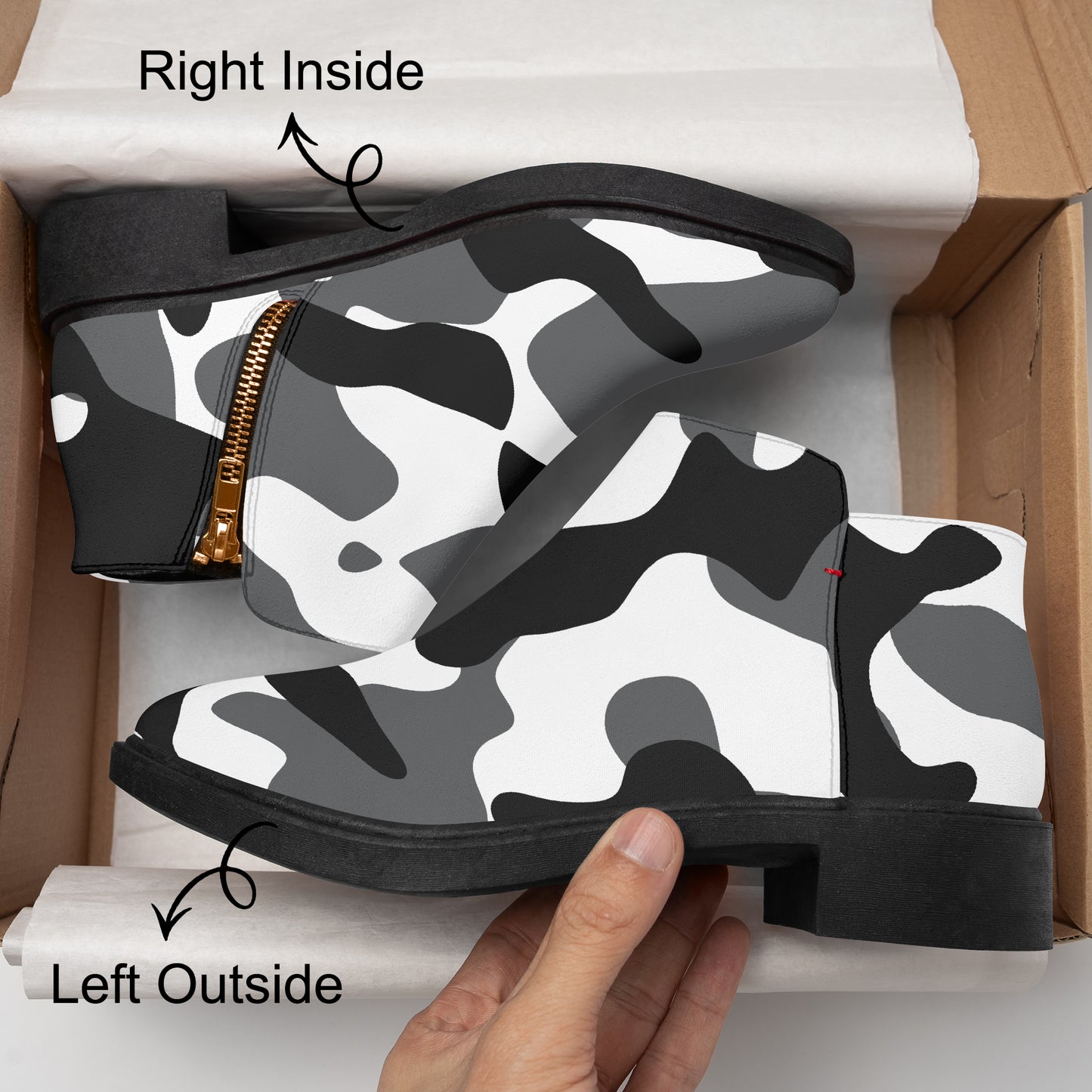 Schwarz Weiß Camouflage elegante Reißverschluss-Stiefeletten Stiefeletten JLR Design