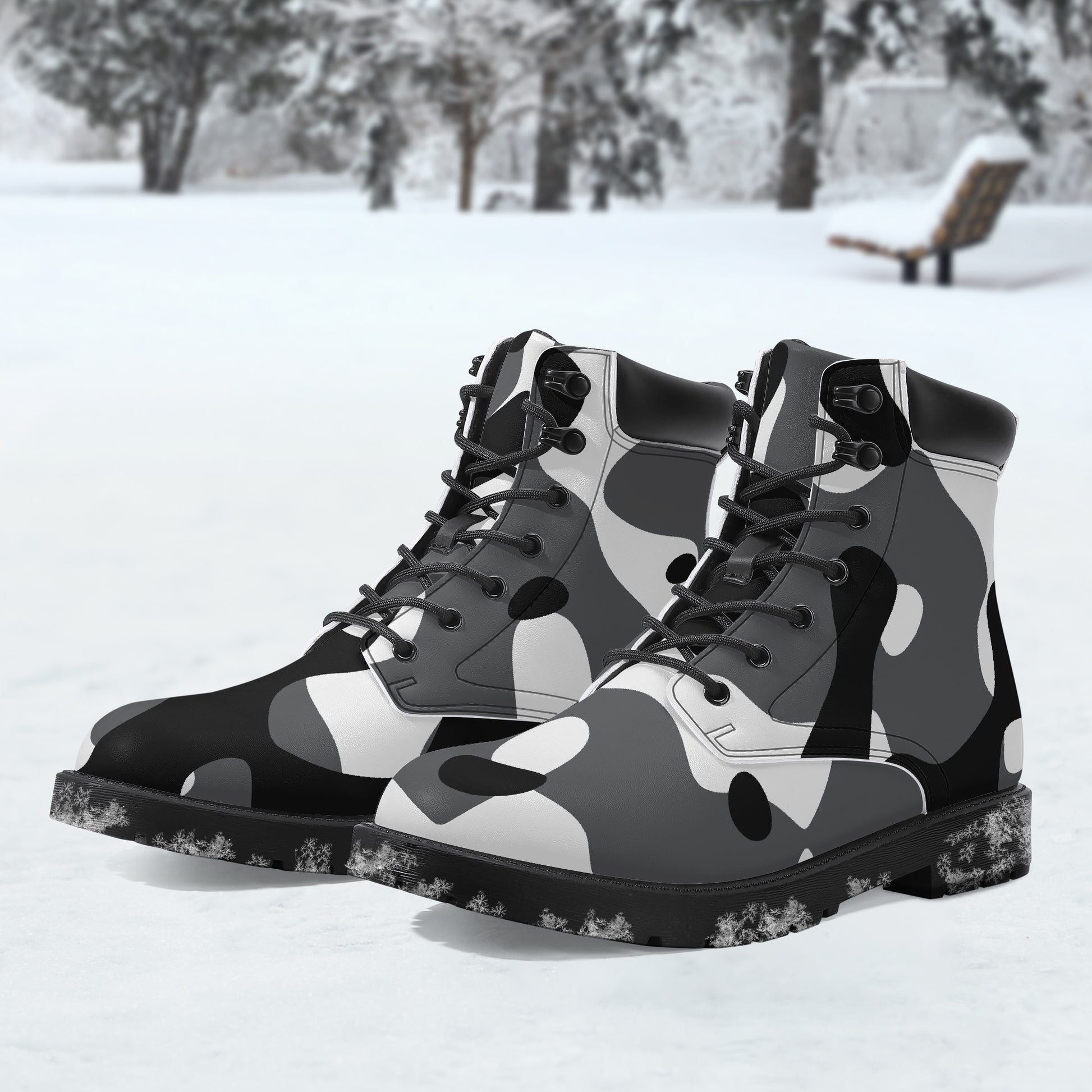 Schwarz Weiß Camouflage Leder Boots | Stylische und Warme Winterstiefel Boots JLR Design