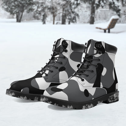 Schwarz Weiß Camouflage Leder Boots | Stylische und Warme Winterstiefel Boots JLR Design