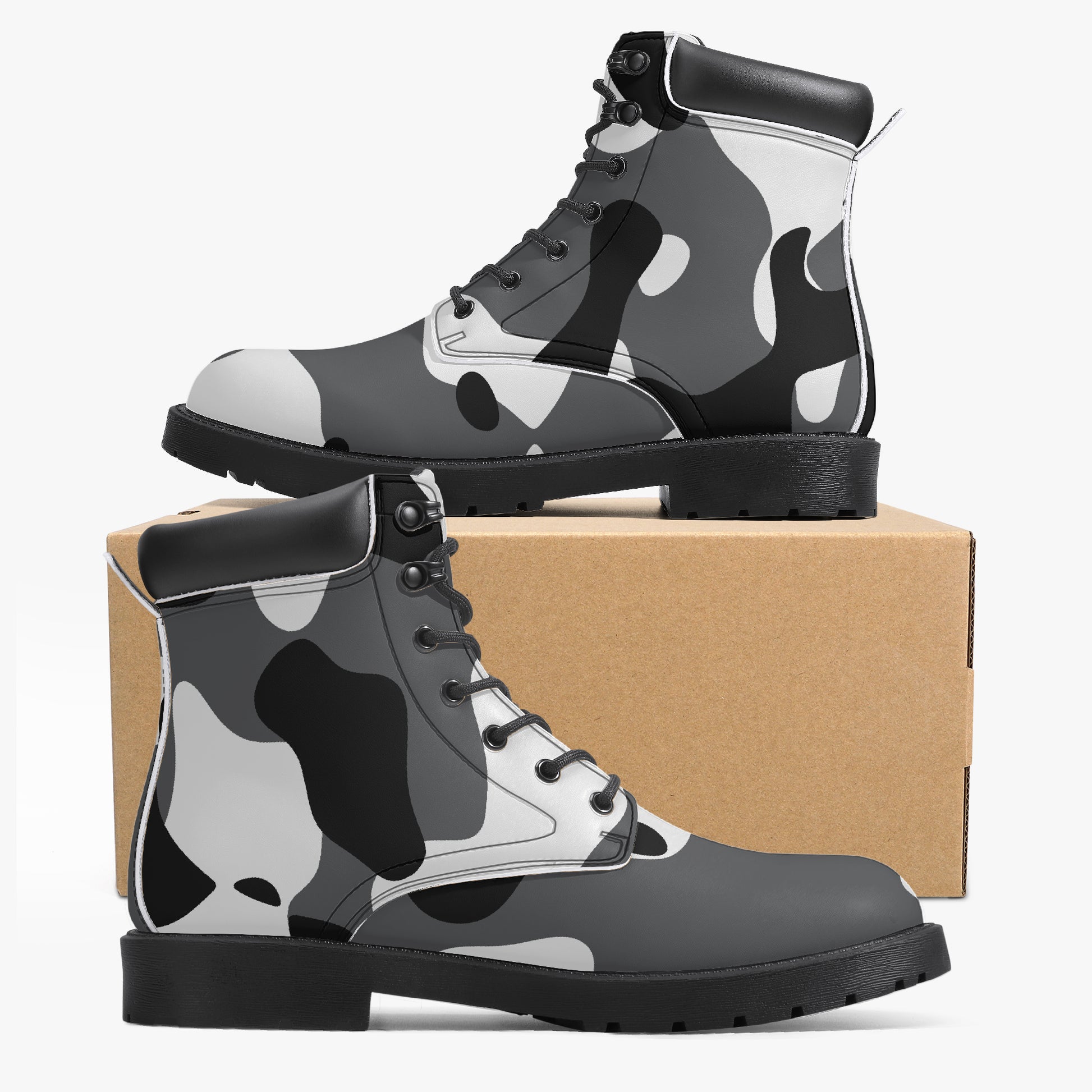 Schwarz Weiß Camouflage Leder Boots | Stylische und Warme Winterstiefel Boots JLR Design