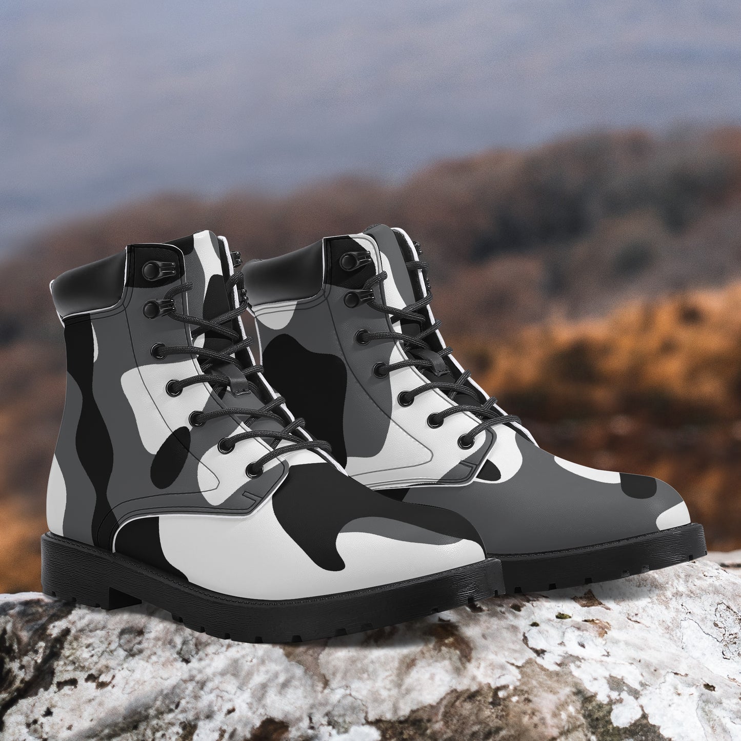 Schwarz Weiß Camouflage Leder Boots | Stylische und Warme Winterstiefel Boots JLR Design