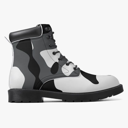 Schwarz Weiß Camouflage Leder Boots | Stylische und Warme Winterstiefel Boots JLR Design