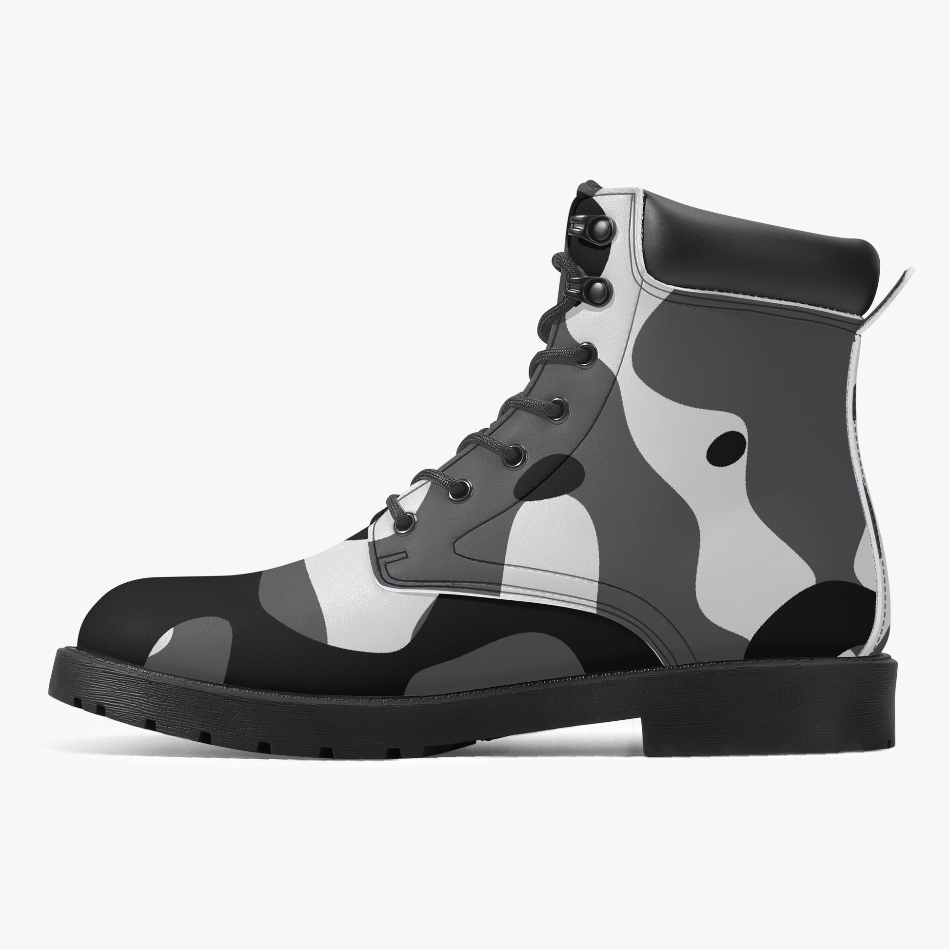 Schwarz Weiß Camouflage Leder Boots | Stylische und Warme Winterstiefel Boots JLR Design