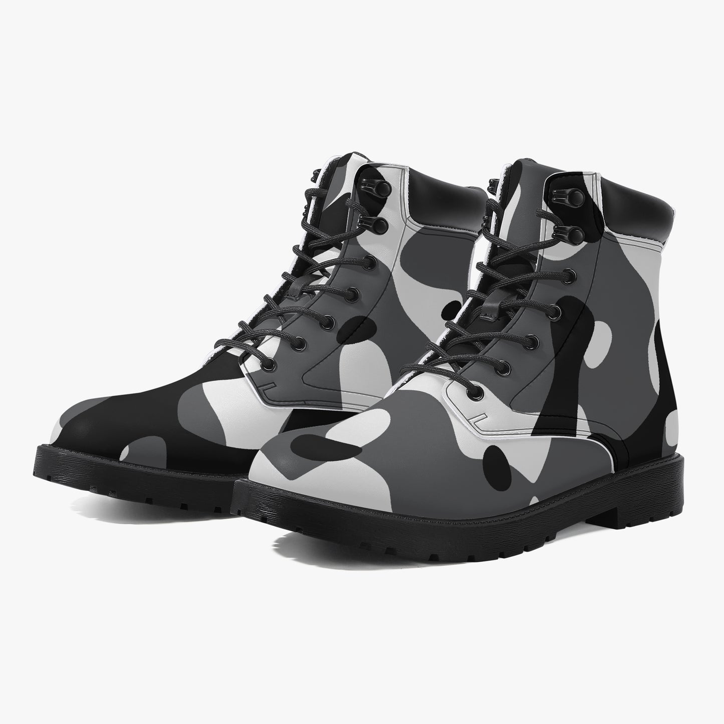 Schwarz Weiß Camouflage Leder Boots | Stylische und Warme Winterstiefel Boots JLR Design