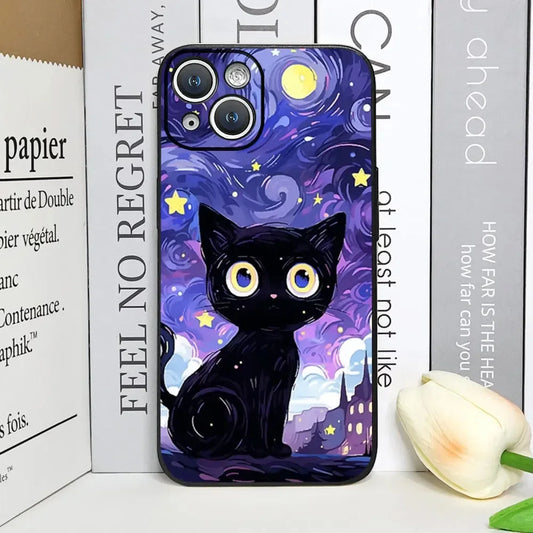 Schwarze Katze unterm Sternenhimmel für IPhone Case 7 8 11 12 13 14 15 16 Mini/Plus/Pro/ProMax Handyhülle JLR Design