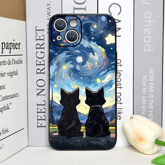 Schwarze Katzen unterm Sternenhimmel für IPhone Case 7 8 11 12 13 14 15 16 Mini/Plus/Pro/ProMax Handyhülle JLR Design