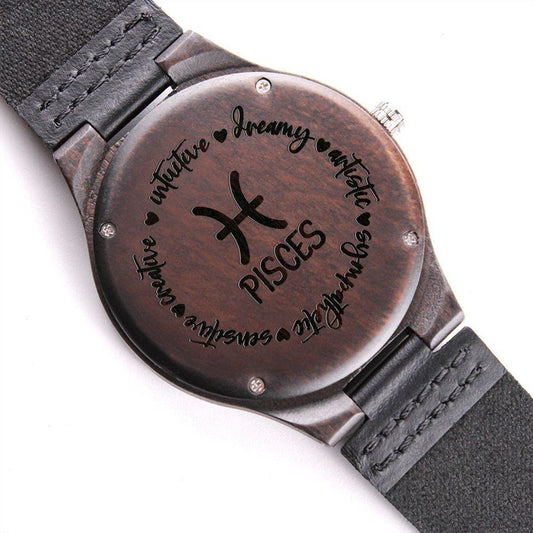 Sternzeichen Symbol Fische Holz Armbanduhr Watches 69.99 45mm, Armbanduhr, Echtlederarmband, Fische, Holz, Holzarmbanduhr, IPX4, PB24-WOOD, Pisces, PT-1749, Quarzuhr, Sandelholz, Sternzeichen, TNM-2, USER-219738, W30042, W30043B, Zodiac JLR Design