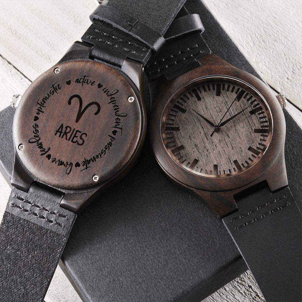 Sternzeichen Symbol Widder Holz Armbanduhr -- Sternzeichen Symbol Widder Holz Armbanduhr - undefined Watches | JLR Design