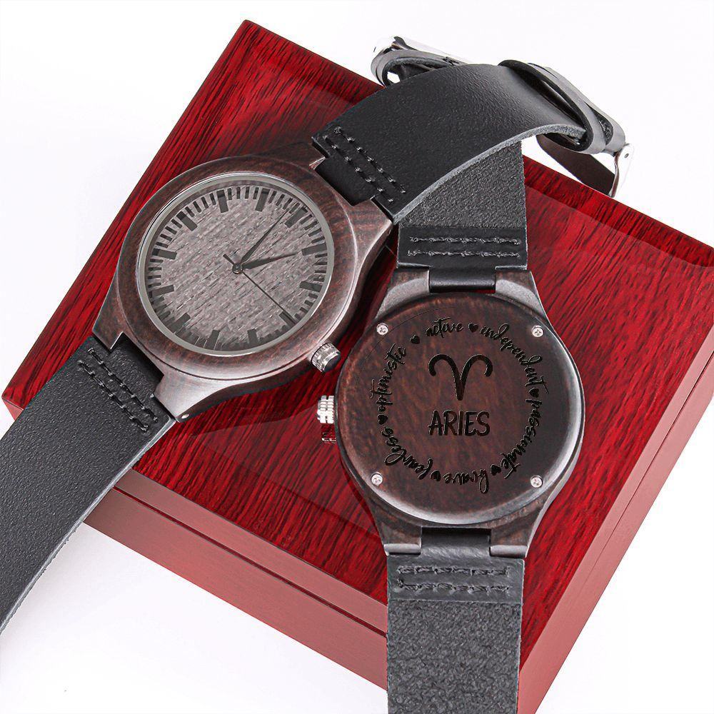Sternzeichen Symbol Widder Holz Armbanduhr -- Sternzeichen Symbol Widder Holz Armbanduhr - undefined Watches | JLR Design