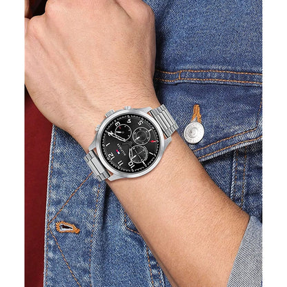 Tommy Hilfiger Asher Herrenuhr 1791852 | Multifunktion | Silbernes Edelstahlgehäuse & Schwarzes Zifferblatt