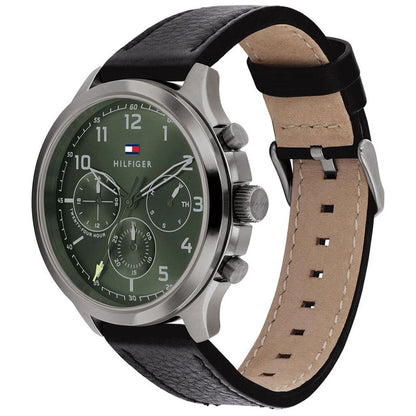 Tommy Hilfiger Asher Herrenuhr 1791856 | Multifunktion | Grünes Zifferblatt & Graues Gehäuse mit Lederarmband