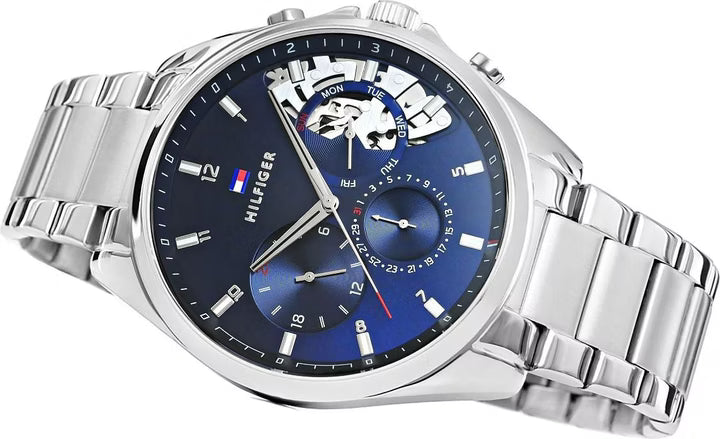 Tommy Hilfiger Baker Herrenuhr 1710448 | Teilskelettiertes Zifferblatt Blau | Edelstahlarmband & Multifunktion
