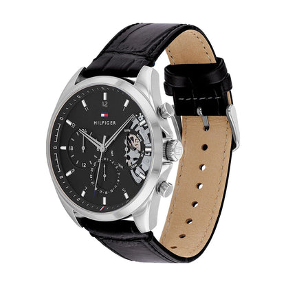 Tommy Hilfiger Baker Herrenuhr 1710449 | Skelett-Optik | Schwarzes Lederarmband & Multifunktion