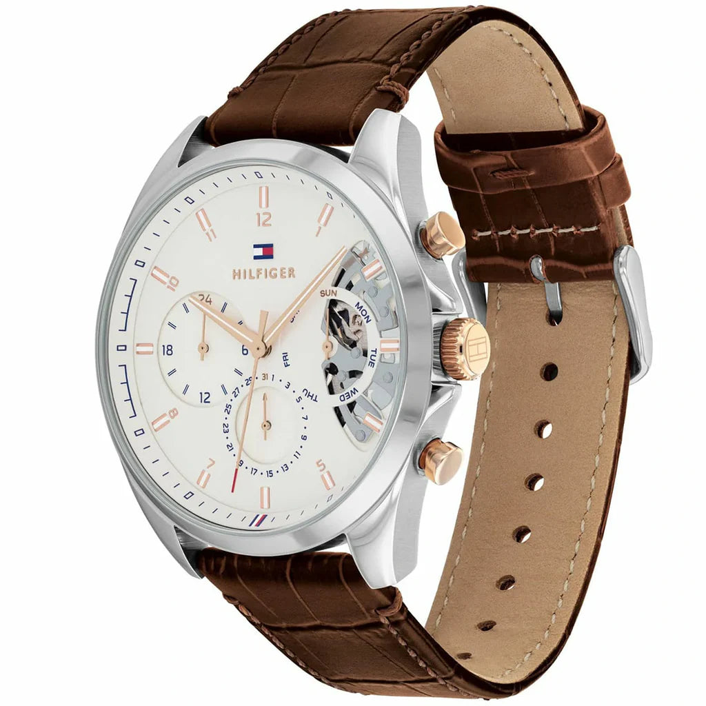 Tommy Hilfiger Baker Herrenuhr 1710450 | Teilskelettiertes Zifferblatt | Lederarmband Braun & Silber