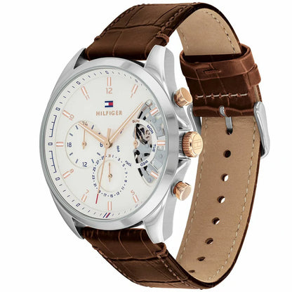 Tommy Hilfiger Baker Herrenuhr 1710450 | Teilskelettiertes Zifferblatt | Lederarmband Braun & Silber