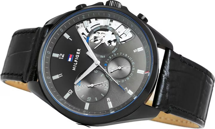 Tommy Hilfiger Baker Herrenuhr 1710452 | All Black Skelett-Optik | Schwarzes Gehäuse & Lederarmband