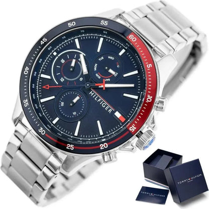 Tommy Hilfiger Bank Herrenuhr 1791718 | Multifunktion & Tachymeter | Silbernes Edelstahlarmband & Blaues Zifferblatt