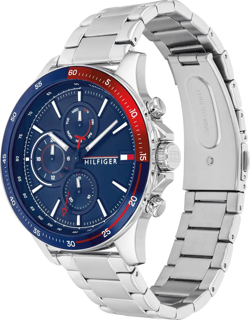 Tommy Hilfiger Bank Herrenuhr 1791718 | Multifunktion & Tachymeter | Silbernes Edelstahlarmband & Blaues Zifferblatt