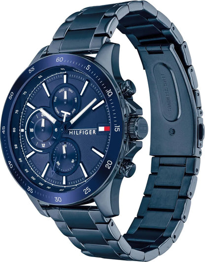 Tommy Hilfiger Bank Herrenuhr 1791720 | Multifunktion & Tachymeter | Blaues Edelstahlgehäuse & Armband