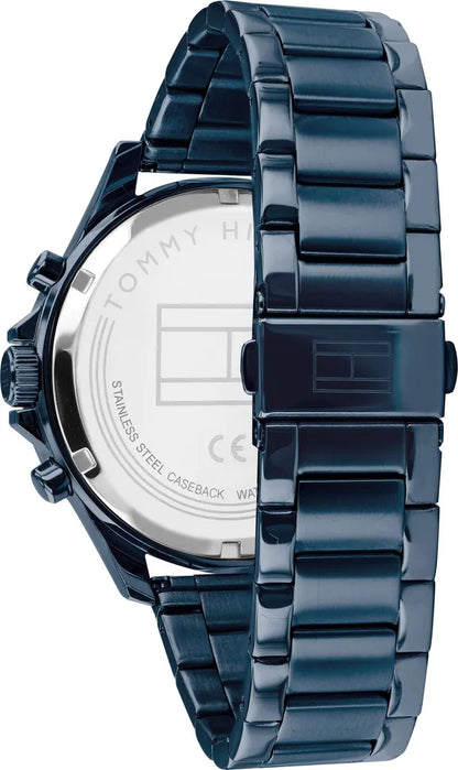 Tommy Hilfiger Bank Herrenuhr 1791720 | Multifunktion & Tachymeter | Blaues Edelstahlgehäuse & Armband