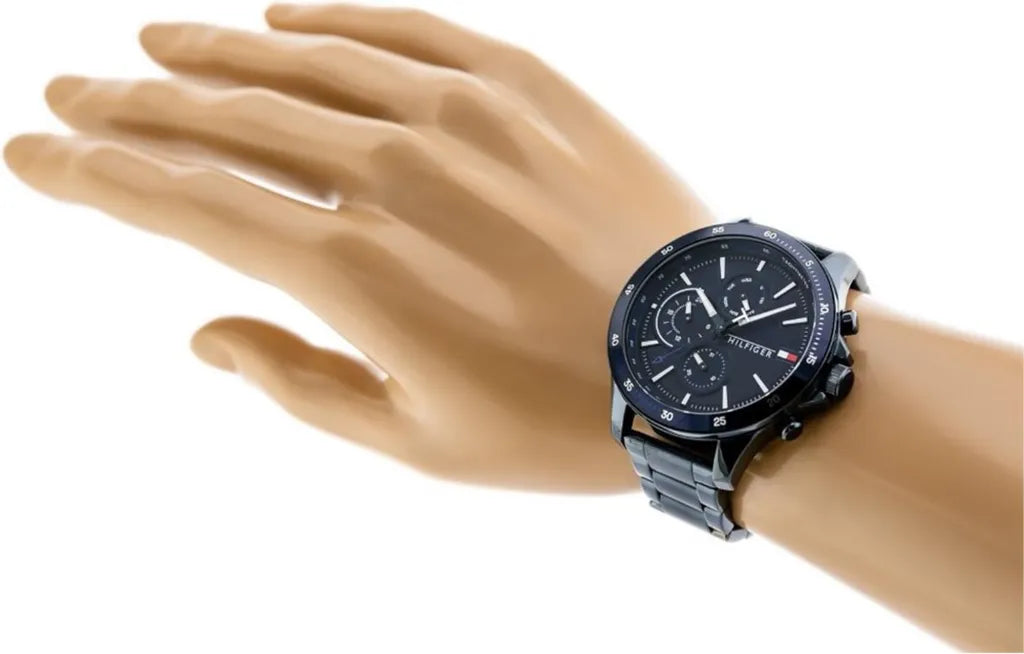 Tommy Hilfiger Bank Herrenuhr 1791720 | Multifunktion & Tachymeter | Blaues Edelstahlgehäuse & Armband