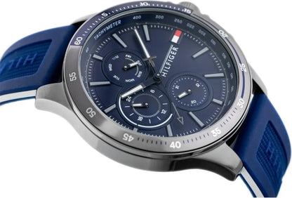 Tommy Hilfiger Bank Herrenuhr 1791721 | Sport-Multifunktion | Blaues Silikonarmband & Tachymeter-Look