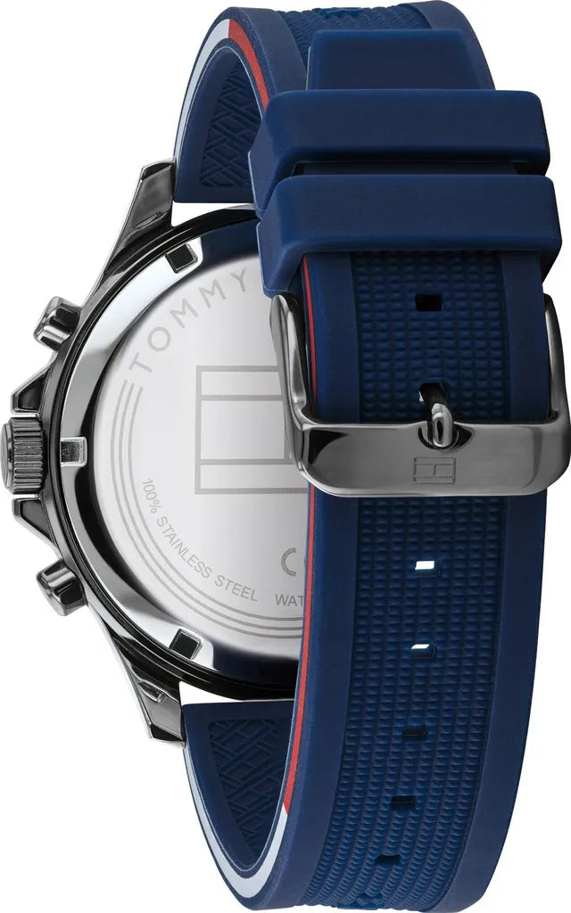 Tommy Hilfiger Bank Herrenuhr 1791721 | Sport-Multifunktion | Blaues Silikonarmband & Tachymeter-Look
